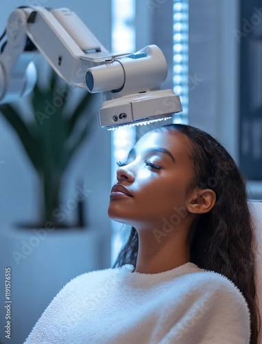 A woman sitting in a chair while a robotic device analyzes her skin and hair, using advanced technology to assess and recommend personalized beauty treatments in a sleek, futuristic setting 