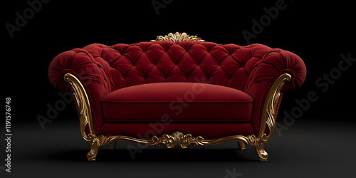 Elegant red velvet loveseat with ornate gold detailing. Perfect for adding a touch of luxury to any room.