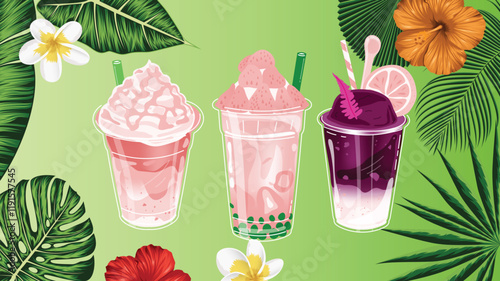 Bubble tea Coffee and milkshakes with boba balls Summer cold drink vector icons set