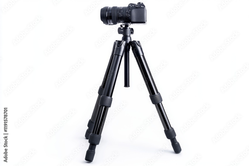 Professional Black Tripod with Camera and Lens Professional Black Tripod with Camera and Lens