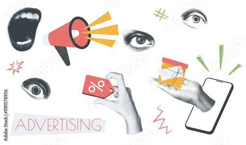 Advertising vintage collage conception set in retro halftone design. Collection with mouth shouting into loudspeaker, eyes, hands holding discount tag or special shopping gift. Vector illustration.