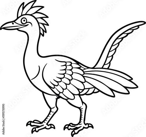 Archaeopteryx line arts with white background. Archaeopteryx Line Art, Black and White Cartoon Dinosaur Illustration