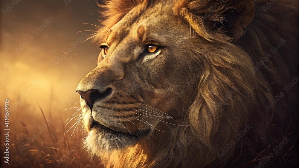 Fototapeta premium Majestic Lion Portrait - King of the Savanna, Wild and Free - Symbol of Power and Strength in Nature