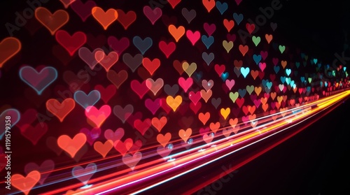 long exposure photograph of an abstract hearts pattern background with iridescent colors and reflections, capturing motion trails with iridescent highlights