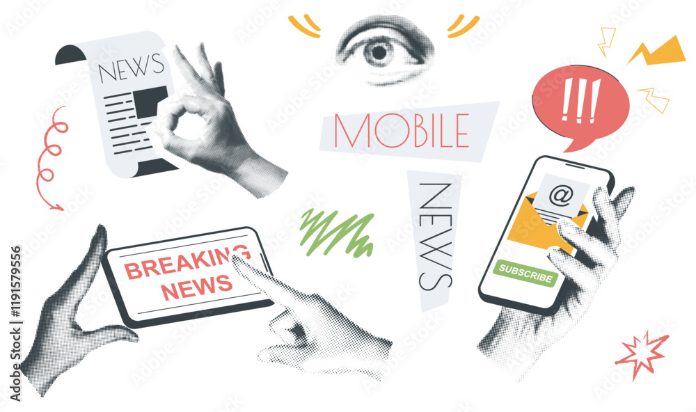 Mobile news vintage collage conception set in retro halftone design. Collection with hands holding smartphone with emails and online articles, reading global breaking messages. Vector illustration.