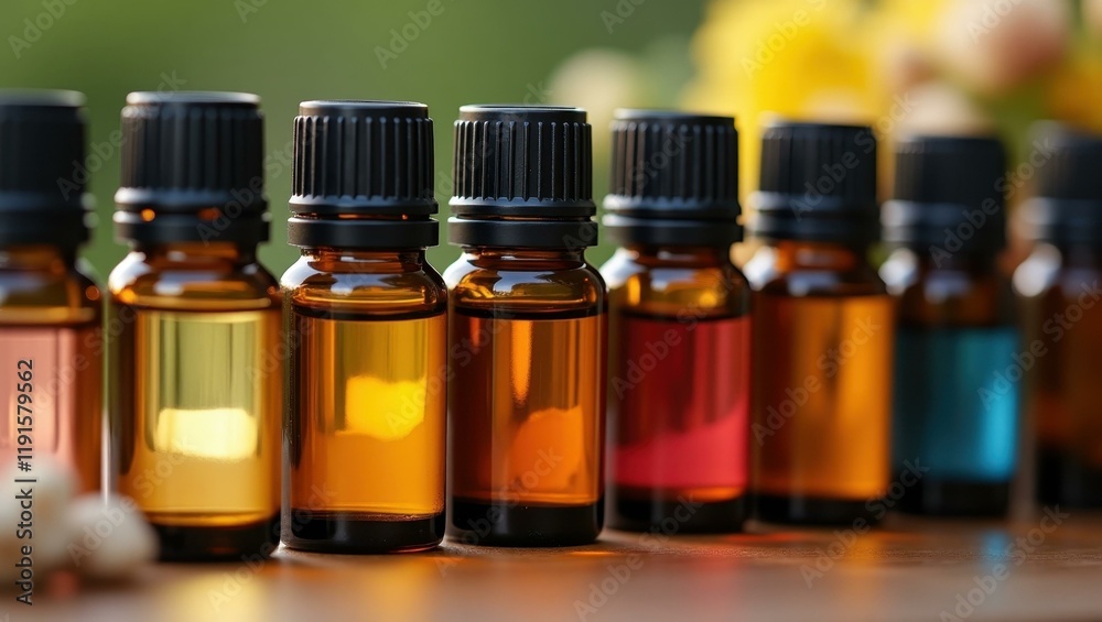 Scented essential oils lined up for selection offering various therapeutic benefits, Professional stock photo, AI generated photograph Scented essential oils lined up for selection offering various therapeutic benefits, Professional stock photo, AI generated photograph