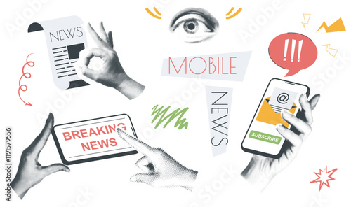 Mobile news vintage collage conception set in retro halftone design. Collection with hands holding smartphone with emails and online articles, reading global breaking messages. Vector illustration.