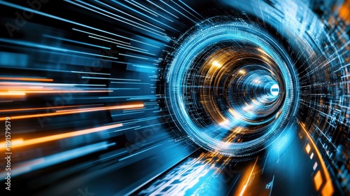 Futuristic glowing tunnel with blue and orange lights