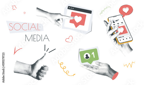 Social media vintage collage conception set in retro halftone design. Collection with hands holds mobile phone with online profile, sharing posts, collects likes and followers. Vector illustration.