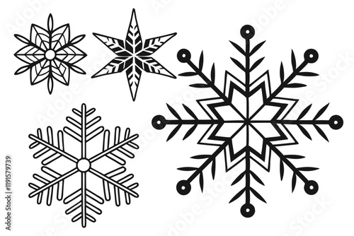 Snowflake icons, black and white, symmetrical patterns, winter symbols, geometric designs, crystalline structures, variety of shapes, simple silhouettes, minimalist graphics, cold weather motifs, fest