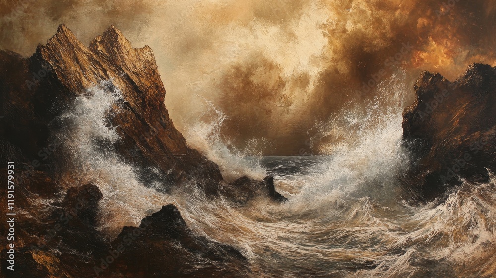 Obraz premium Hurricane battered coastal rocks with eroded stormy sea spray textures
