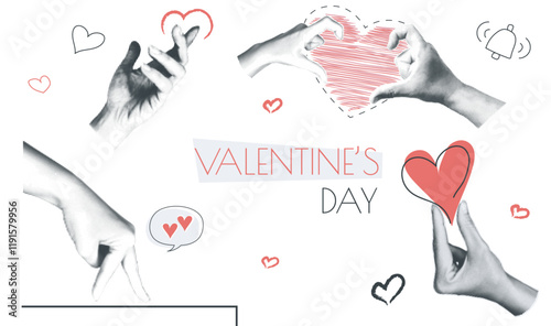 Valentines day vintage collage conception set in retro halftone design. Collection with hands holding different hearts, sentimental and romantic emotion symbols for holiday. Vector illustration.