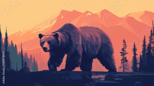 Grizzly Bear Walking Majestic Mountains Sunset