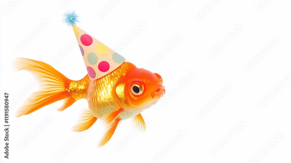 Fototapeta premium Goldfish wearing a party hat on white background.