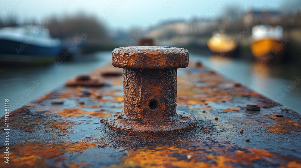 Rusty mooring post in a peaceful harbor with boats at dawn Rusty mooring post in a peaceful harbor with boats at dawn