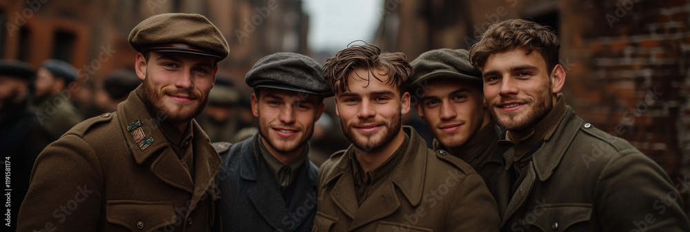 Un grupo de jóvenes soldados sonrientes en uniforme, mostrando camaradería y orgullo. Un grupo de jóvenes soldados sonrientes en uniforme, mostrando camaradería y orgullo.