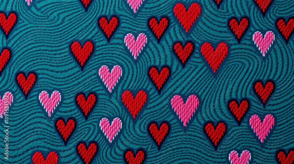 luxurious and vibrant image Features a hearts pattern on wool fabric against an Rich, deep teal hues are dominant Professional quality luxurious and vibrant image Features a hearts pattern on wool fabric against an Rich, deep teal hues are dominant Professional quality