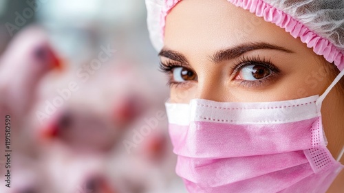 Woman in surgical mask and cap, close-up on eyes, healthcare setting