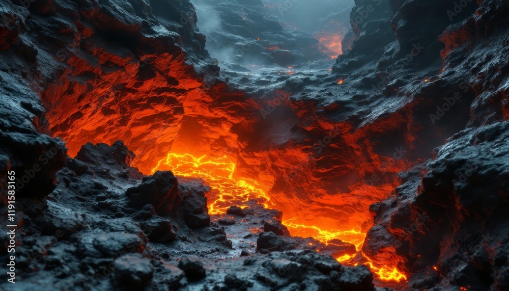 Fototapeta premium Volcanic Landscape Featuring Flowing Lava Among Dark Rocky Cliffs and Wispy Vapors