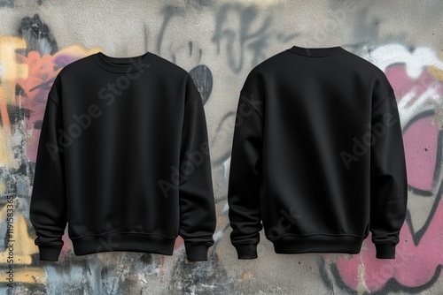 Two black sweatshirts mockup against a graffiti-covered wall, showcasing a front and back view. The sweatshirts have a casual style and are perfect for streetwear fashion.