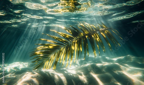 a palm leaf underwater with soft, wavy light patterns filtering through
