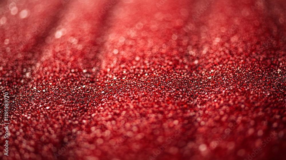 Sparkling red surface adorned with glitter reflecting light in vibrant patterns