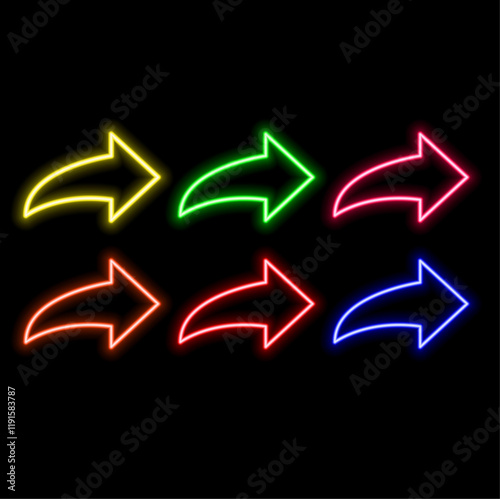 Outline neon arrow icon. Glowing neon pointer sign, arrowhead pictogram. Straight arrow, cursor and interface navigation, go arrow direction, motion pointer, arrowhead move. Vector icon set