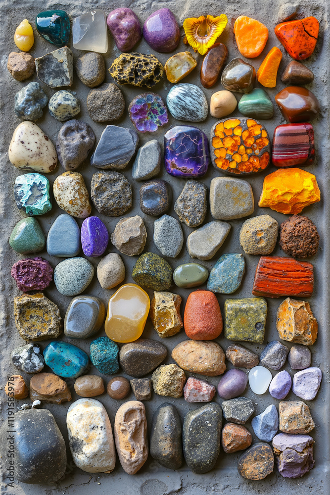 A variety of different colored rocks on a gray surface A variety of different colored rocks on a gray surface