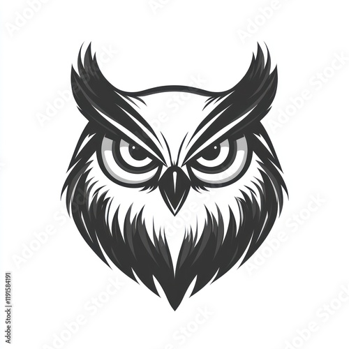 Fierce owl head, monochrome design, isolated white background, logo design photo