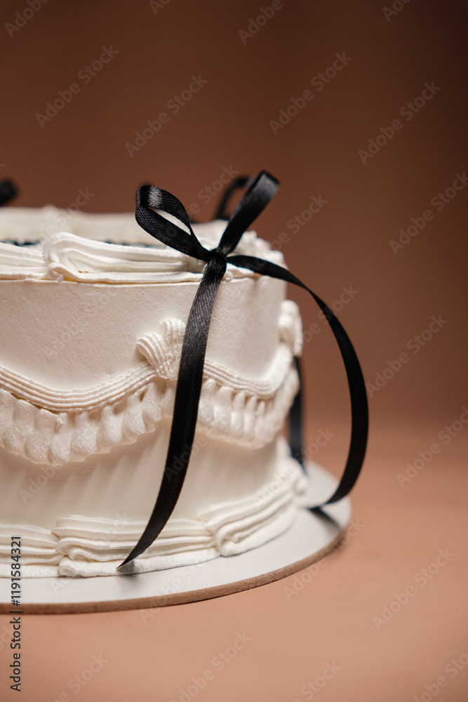 Fototapeta premium white cake decorated with cream and bows