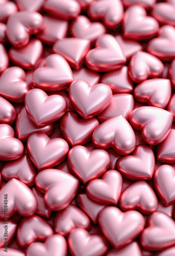 Pile of shiny pink heart-shaped candies with a metallic texture, closely arranged. Valentine's Day and romance concept. Design for greeting cards, posters, banners, and wallpapers. Pile of shiny pink heart-shaped candies with a metallic texture, closely arranged. Valentine's Day and romance concept. Design for greeting cards, posters, banners, and wallpapers.