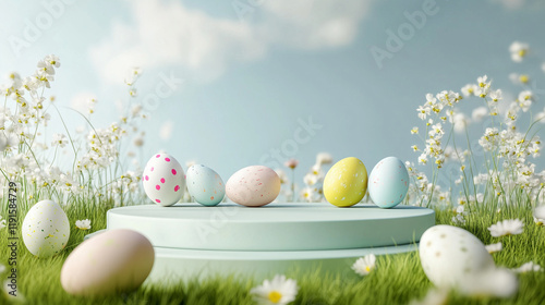 Easter podium with painted eggs and spring meadow, easter holiday concept