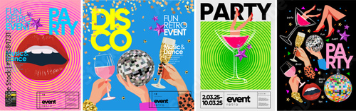 Disco party. Vector abstract retro illustration of collage, lips, disco ball, cheers, hand with cocktail and champagne, female legs for poster, background, flyer or cover