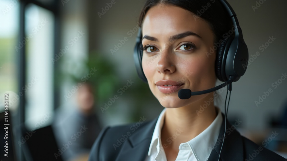 Portrait of a translator/interpreter in formal attire, blurred conference setting. Focused, calm expression reflects precision in communication. No hands shown. Portrait of a translator/interpreter in formal attire, blurred conference setting. Focused, calm expression reflects precision in communication. No hands shown.