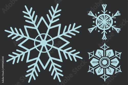 Snowflake icons, light blue crystal shapes, symmetrical winter designs, black background, geometric frost patterns, icy blue glow, vector snowflake illustrations, minimalist winter symbols, crystallin