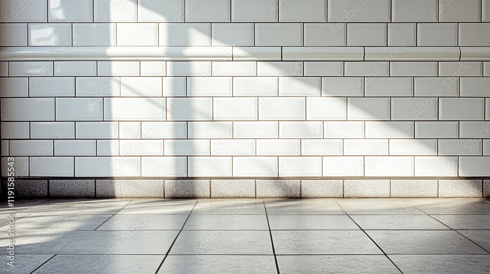 Fototapeta premium Light creates patterns on a tiled wall in a modern interior space during the day