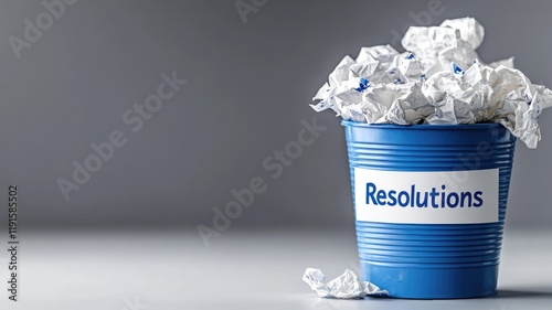 Blue trash can filled with crumpled paper labeled 