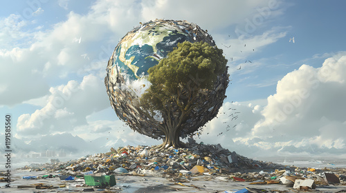 Fototapeta Naklejka Na Ścianę i Meble -  Earth is treated like trash, a stark representation of the devastating ecology problem that our planet faces on a daily basis. Treetide. Illustration
