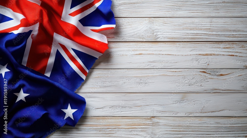 Australian flag display on wooden table cultural context vibrant colors close-up view Australian flag display on wooden table cultural context vibrant colors close-up view