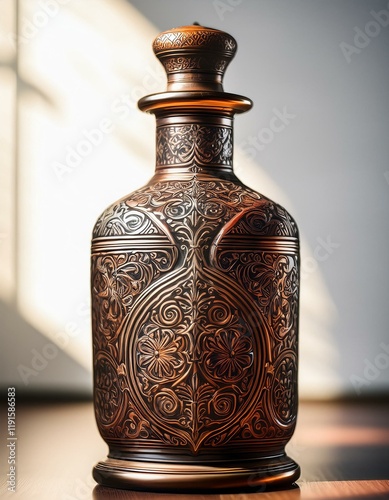 Ornate dark bronze decanter with intricate detailing catches the sunlight.