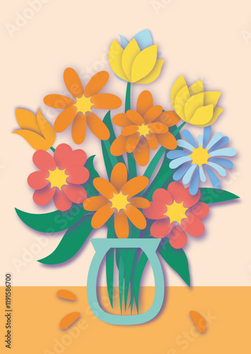 A pastel flower vase illustration in a playful paper cut style, perfect for children's books, craft guides or craft-themed publications. Its soft tones and handmade feel inspire imagination.