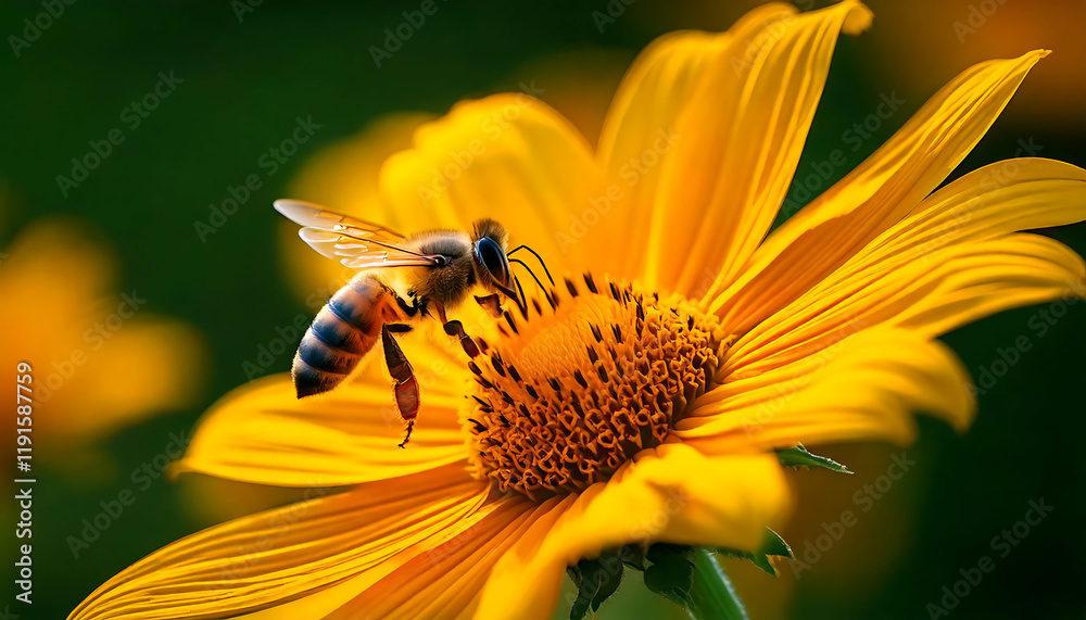 Stunning close-up of a honeybee collecting pollen from a vibrant yellow flower. Perfect for nature, ecology, and spring themes. Ideal for websites, blogs, and publications. High-resolution image with Stunning close-up of a honeybee collecting pollen from a vibrant yellow flower. Perfect for nature, ecology, and spring themes. Ideal for websites, blogs, and publications. High-resolution image with