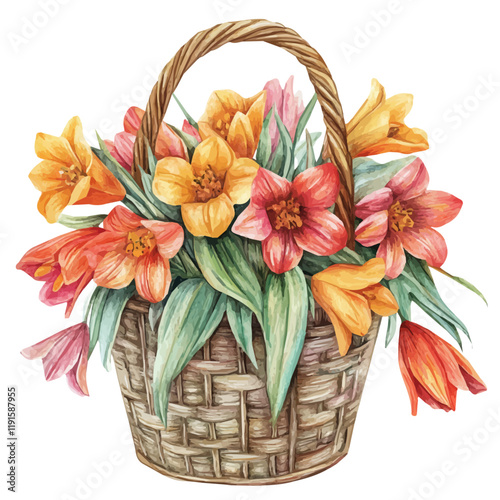 A watercolor painting of a crown imperial bouquet in a basket, isolated on a white background. Crown imperial bouquet vector.
