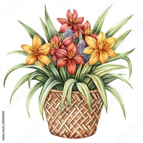 A watercolor vector of a crown imperial bouquet in a basket, isolated on a white background. Crown imperial bouquet vector.

