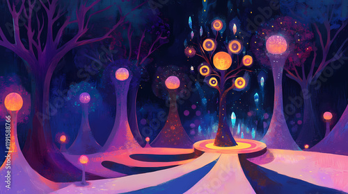 Magical depiction of a character being treated unfairly in a royal court, with glowing artifacts and magical energy symbolizing the imbalance. Treetide. Illustration photo