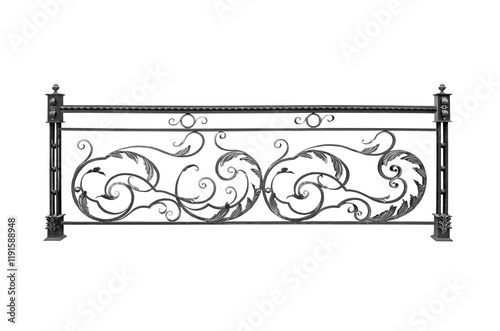 Wrought iron railing with ornamentation. B.