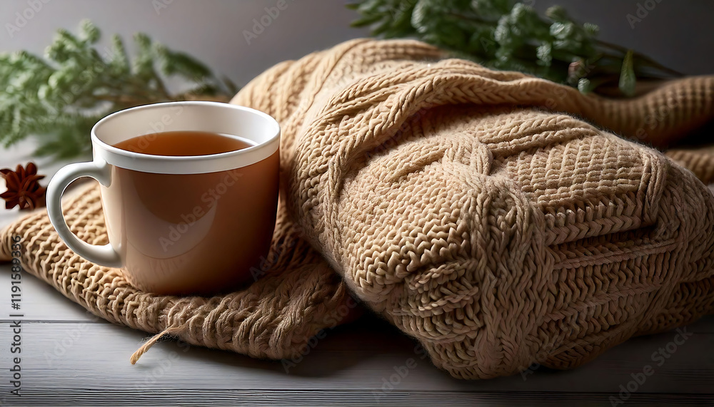 Cozy autumn scene: A warm beverage in a rustic mug rests on a chunky knit sweater. Perfect for blogs, websites, or social media showcasing fall, comfort, and hygge. Ideal for seasonal marketing Cozy autumn scene: A warm beverage in a rustic mug rests on a chunky knit sweater. Perfect for blogs, websites, or social media showcasing fall, comfort, and hygge. Ideal for seasonal marketing