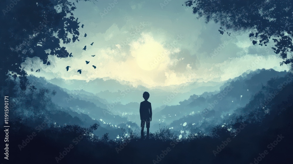 Obraz premium Boy Silhouetted Against Misty Mountains and Sky