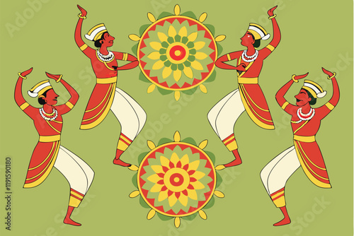 Traditional Indian dancers, vibrant red and gold costumes, white dhotis, choreographed formation, Thiruvathirakali dance, Kerala culture, energetic poses, raised arms, joyful expression, colorful illu photo