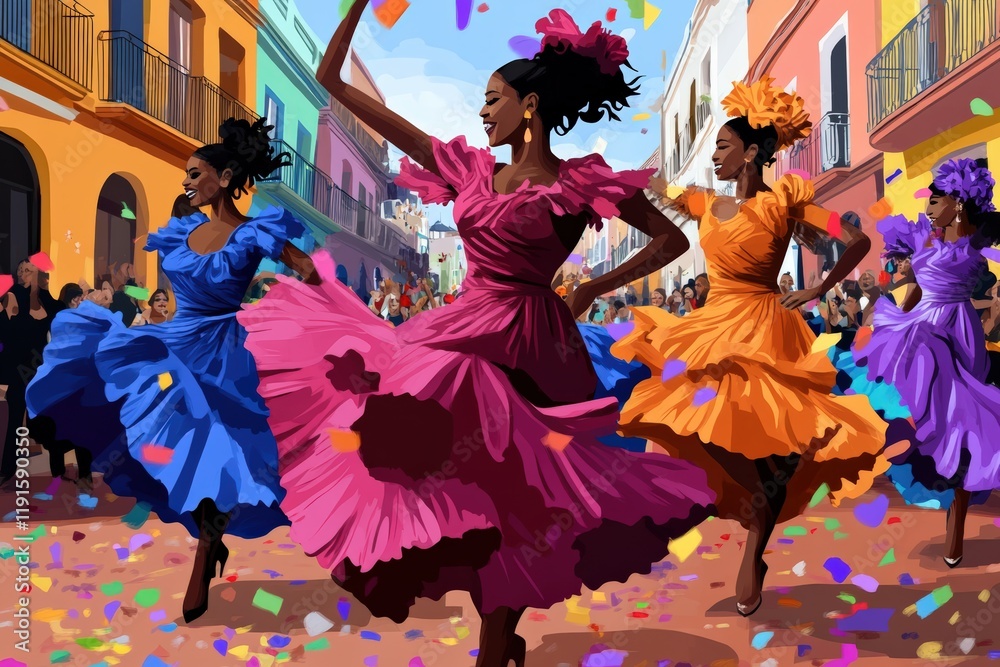 Fototapeta premium Joyful Women Dancing, Colorful Dresses in Street Parade Celebrating Women's Day, Festive Atmosphere, 8 March Celebration Concept